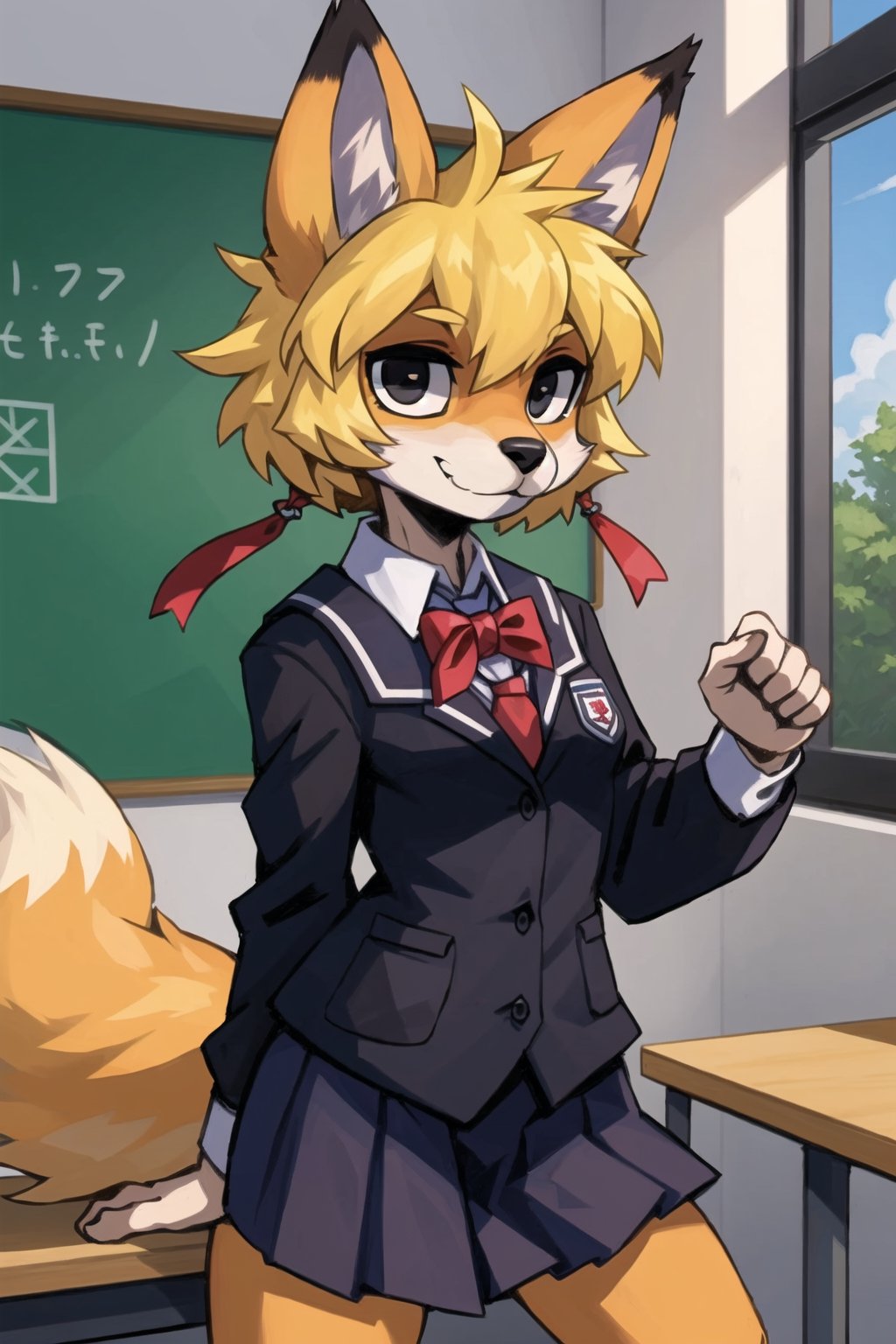 masterpiece, best quality, looking at viewer,black eyes,play groundfurry fox girl,blonde,school uniform,  hair ornament, Furry Girl