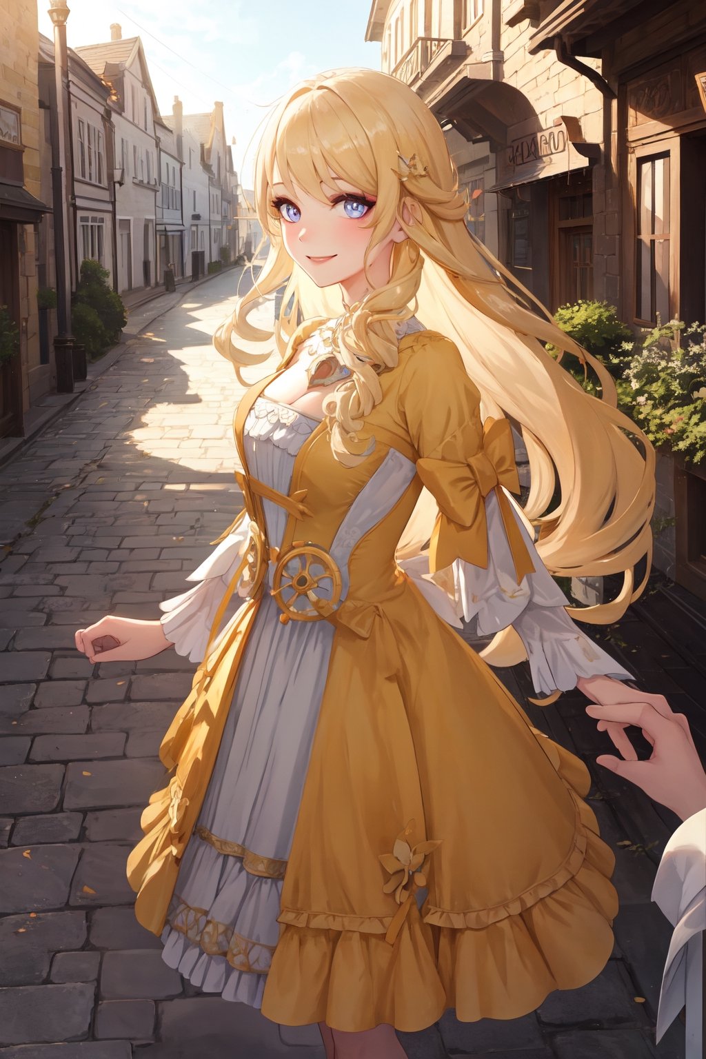 picturesque,aesthetic,1girl,solo,best quality, looking at viewer,masterpiece,expressive eyes, perfect face,complex, dramatic lighting, rim lighting,NaviaGenshin,very long hair,thick hair,alternate costume,victorian yellow dress, puffy dress, holding viewer's hand,pov,one step forward, smile, european town, cobble street, 