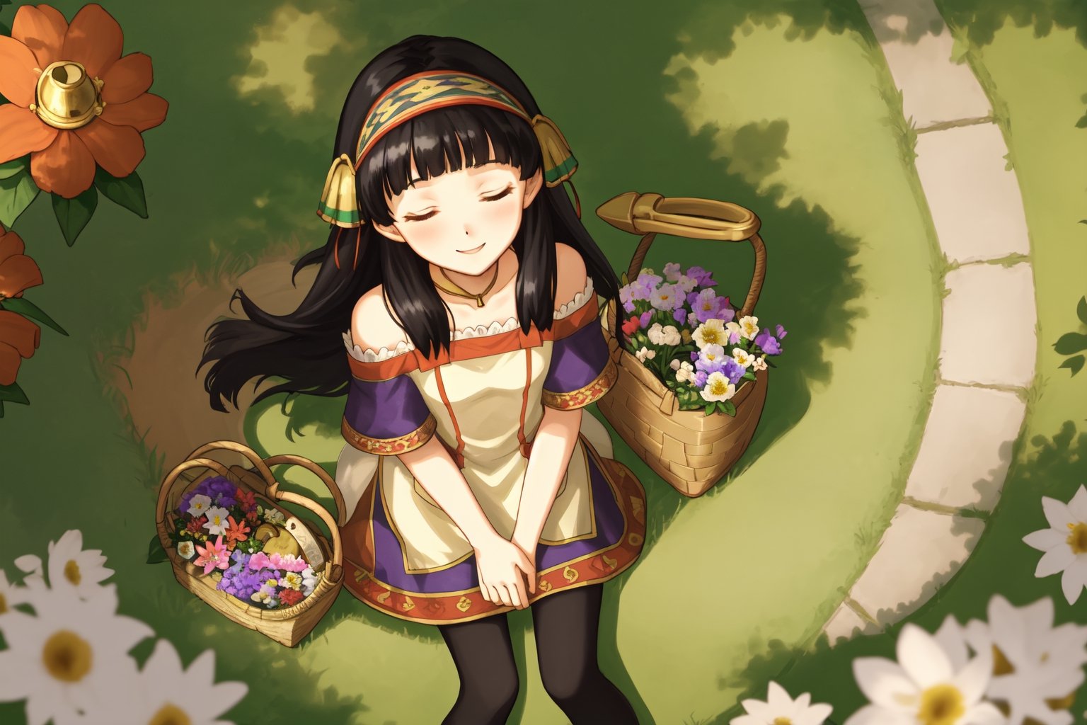 looking at viewer,facing viewer,view from above,pov,perfect face, expressive eyes,headband,pantyhose,tight dress,long dress,short sleeves,exposed shoulders,bells on headband,very long hair,smile,sleepy eyes,sitting,on knees, hands on lap,picnic basket,flowers,grove,flowers,shadows cast