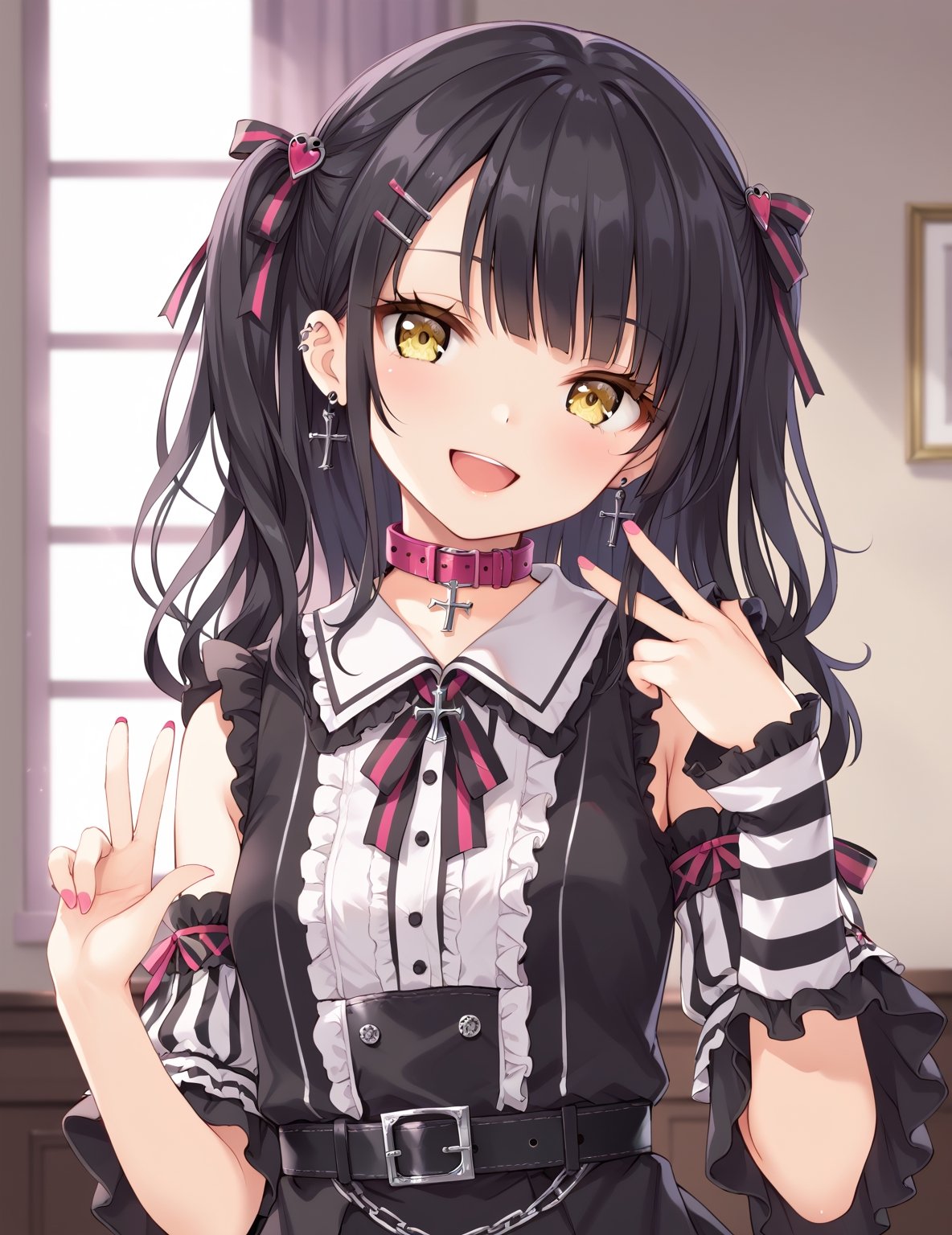 1girl, solo, looking at viewer, blush, smile, open mouth, bangs, shirt, black hair, hair ornament, jewelry,yellow eyes,upper body, short sleeves, earrings, detached sleeves, choker, hairclip, striped, indoors, mullet hairstyle,airintakes, ,nail polish, collar, fingernails, head tilt, gothic lolita,black shirt, v, cross, ear piercing, pink nails, belt collar,  striped sleeves