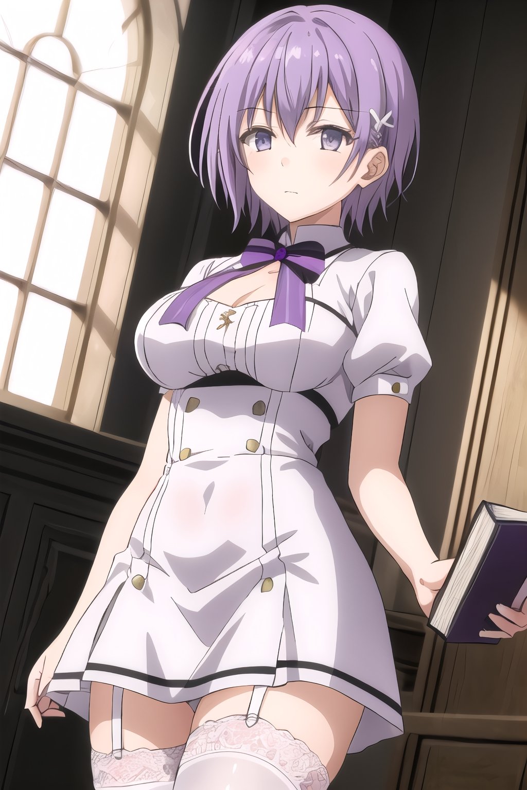 1girl, short tousled blue and purple hair, rectangular and lilac eyes, face (short, thin and triangular), hair clip in the shape of a lilac flower, large breasts, narrow waist, white dress, stockings with lace , standing at the side of a window, holding a book with his right hand, calm expression