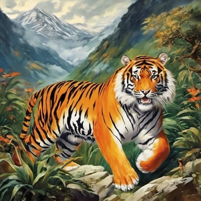 The tiger descended from the mountain and all the beasts fled in panic