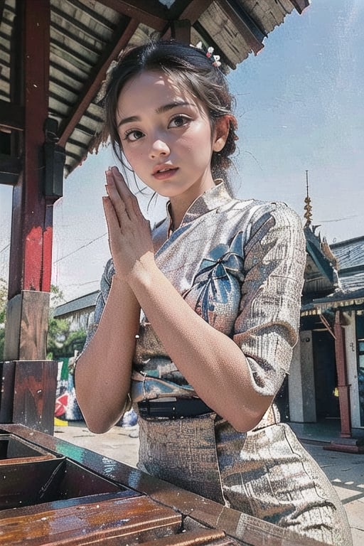 1girl, Beautiful eyes, detailed eyes, big eyes, praying poses, looking to viewer,smiling, cleavge, calm sunshine, flower , temples , bagan, myanmar, acmm ss outfit,Myanmar,praying