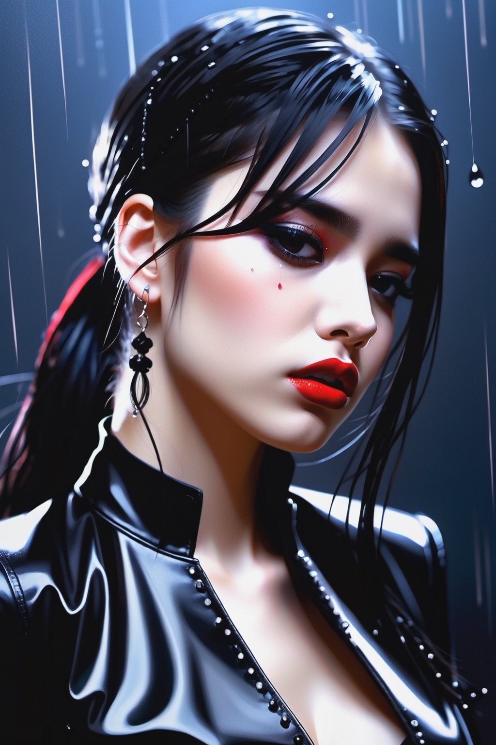 ((top quality)), ((masterpiece)) A crying european goth girl, long wet hair, face and hair covered entirely by raindrops, goth makeup, pouty lips,  detailed close-up, individual droplets converging to form her elegant silhouette, reflections within each droplet, moody lighting, background of a blurred, stormy sky, the contrast between the sharpness of the goth girl and the softness of the background, digital painting, highly detailed, ultra fine, dramatic lighting.