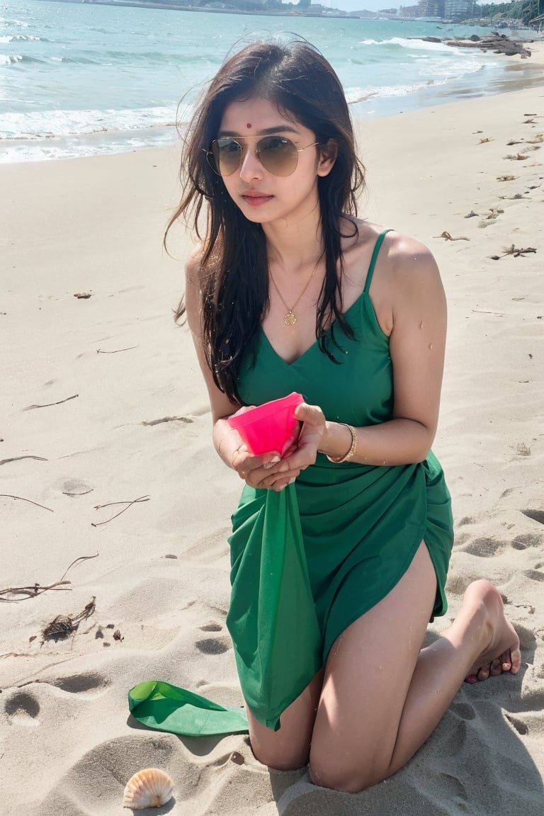 Beach Cleanup Hero: Kiran kneels on the pristine sand, carefully collecting plastic waste into a bag. Sunlight sparkles on her wet hair and skin, and a determined glint fills her eyes as she surveys the progress. A stylish pair of aviators rests on her forehead, and a delicate seashell necklace adorns her neck.