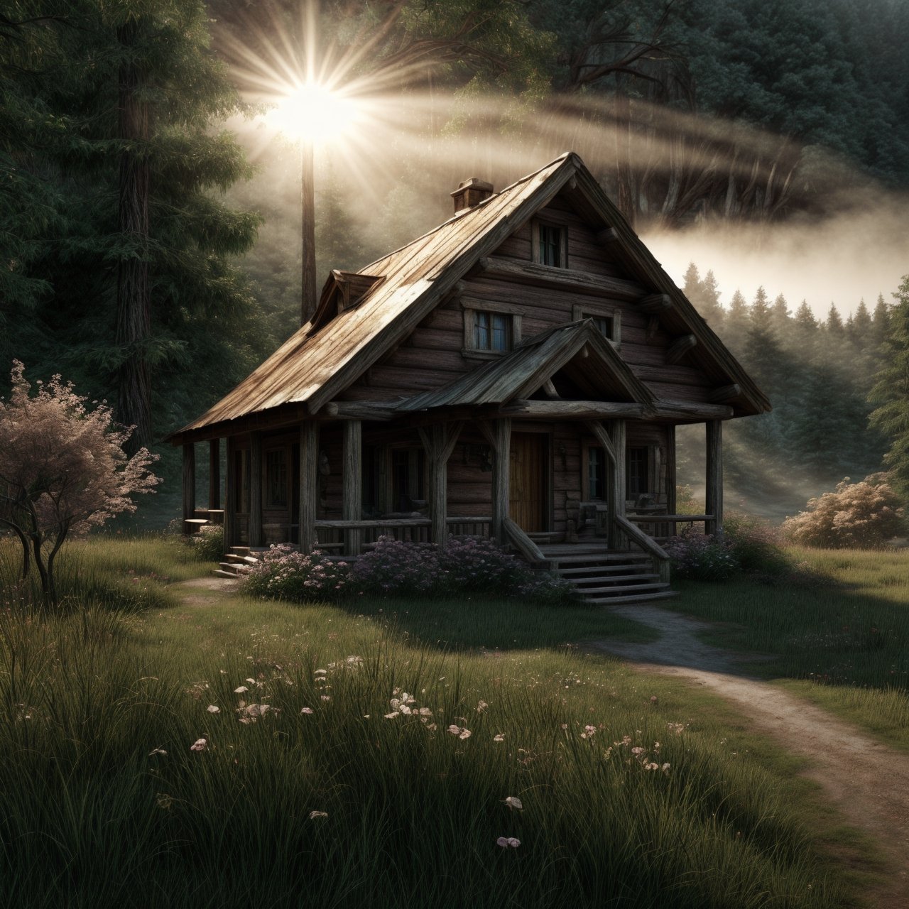 there is  a secluded old wood house in the misty forest near the river,canyon, wild grass,flowers,exploring the interaction between light and shadow,low contrast film,photo,photography, soft light, best quality, high detail, 16k, high quality,detailed decoration, crazy detail, ultra HD picture quality