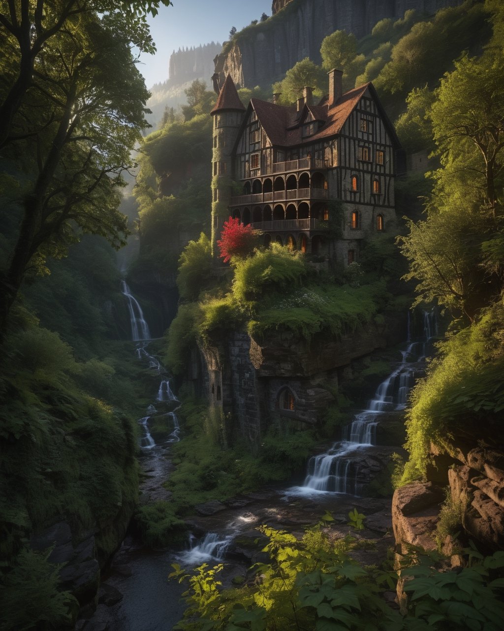 An uninhabited haunted old house, on the edge of a rocky ravine, set against a waterfall, overgrown with wild plants, surrounded by large trees rooted creeper, creating a mystical atmosphere full of mystery,best quality, masterpiece, 16K, (HDR:1.4), high contrast, lens flare, (vibrant color:1.4), (muted colors, dim colors, soothing tones:0), cinematic lighting, ambient lighting, Exquisite details and textures, cinematic shot,Landskaper,more detail XL