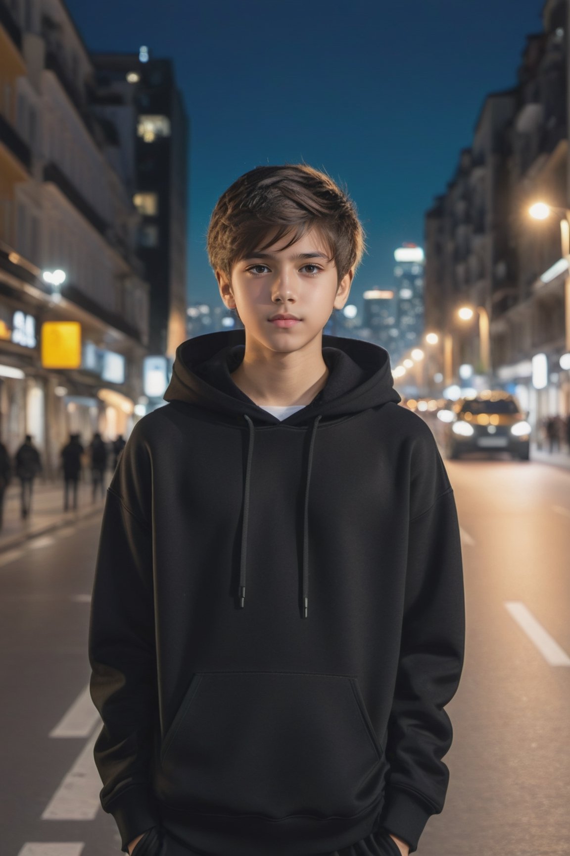 high-definition 8k photo in phst artstyle with beautiful lighting of a half-body medium-shot of a 14 year old young boy standing on street with city background, wearing black hoodie 'azmySundja',  selfie,3l3ctronics