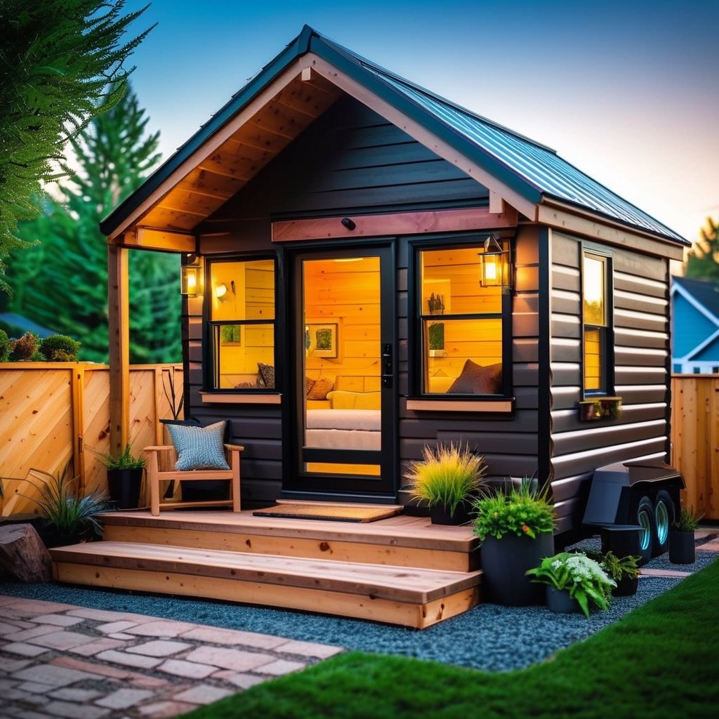 a tiny house nestled in a serene environment. Design the exterior with a perfect balance of aesthetics and comfort. Envision a charming facade that combines modern architectural elements with natural materials. Emphasize landscaping that enhances the overall appeal, such as a small garden or carefully placed greenery. Ensure that the exterior reflects a cozy and welcoming atmosphere, with perhaps a front porch or seating area. Consider the use of warm, earthy tones and thoughtful design details that contribute to the comfort and homeliness of the tiny house. Capture a sense of harmony between the tiny house and its surroundings, creating an inviting and comfortable living space,Masterpiece, Beautiful and Aesthetic, 16K, (HDR:1.4), High contrast, Bokeh:1.2, Lens flare, (Vibrant color:1.4)