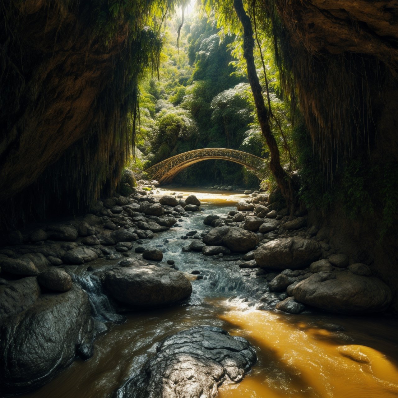 a river in the jungle with a bridge,amd a waterfall,,exploring the interaction between light and shadow,low contrast film,photo,photography, soft light, best quality, high detail, 16k, high quality,detailed decoration, crazy detail, ultra HD picture quality