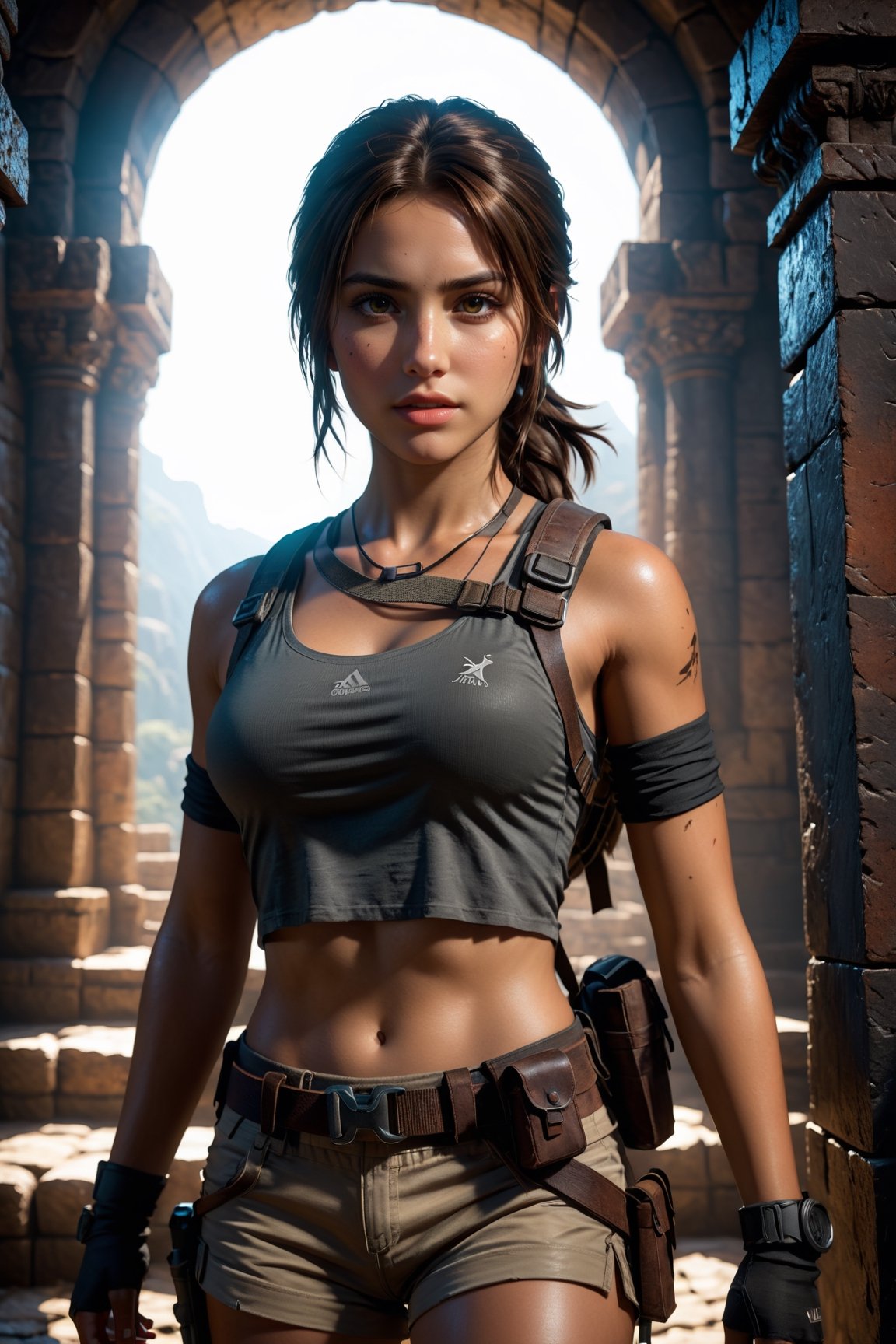 a beautiful young girl embodying a Tomb Raider-style adventurer, akin to Lara Croft. Envision her in action, navigating the dark ruins of a castle with a mix of agility and determination. Equip her with adventurous gear, reminiscent of Lara Croft's iconic style, and place her in a dynamic pose, capturing a moment of intense exploration. Use soft lighting to create a dramatic atmosphere within the ancient castle, with shadows and highlights enhancing the sense of mystery and intrigue. Convey a blend of strength, curiosity, and adventure in the girl's expression, making this image an immersive depiction of an intrepid explorer in a captivating setting,full_body,cinematic shot,cinematic soft lighting.hdr,16k,ray tracing,high_definition,reshading