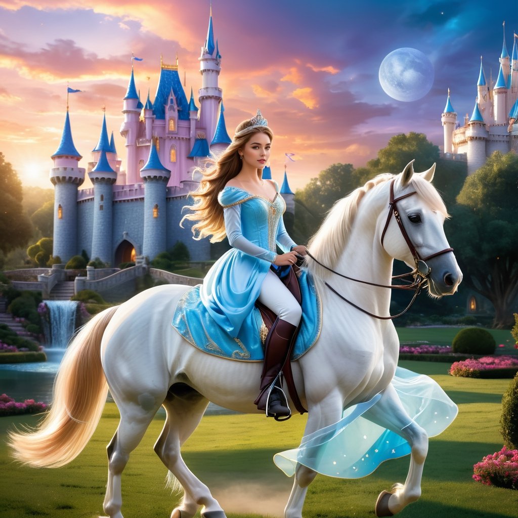 a beautiful princess gracefully riding a majestic horse in the enchanting background of a dream world castle. Envision the princess in an elegant gown, adorned with regal accessories, seated confidently on the horse. The dream world castle should stand tall and magnificent in the background, surrounded by fantastical elements like floating clouds, vibrant gardens, and a soft, magical glow. Use dynamic composition and lighting to enhance the dreamlike quality of the scene, creating a visually stunning portrayal of the princess and her horse amidst the wonders of the fantasy realm. Convey a sense of adventure, elegance, and wonder in this enchanting image,dramatic scene.