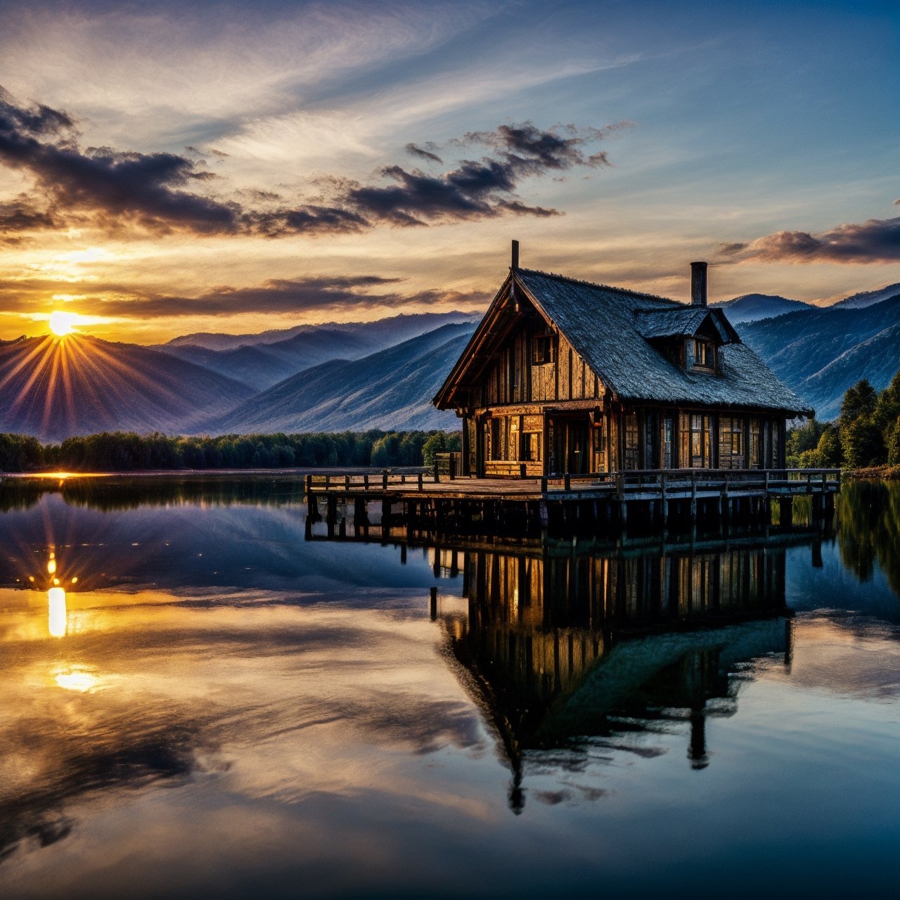 lake,wooden house, matte painting, highly detailed, dynamic lighting, cinematic, realism, realistic, photo real, sunset, detailed, high contrast, denoised, centered, michael whelan