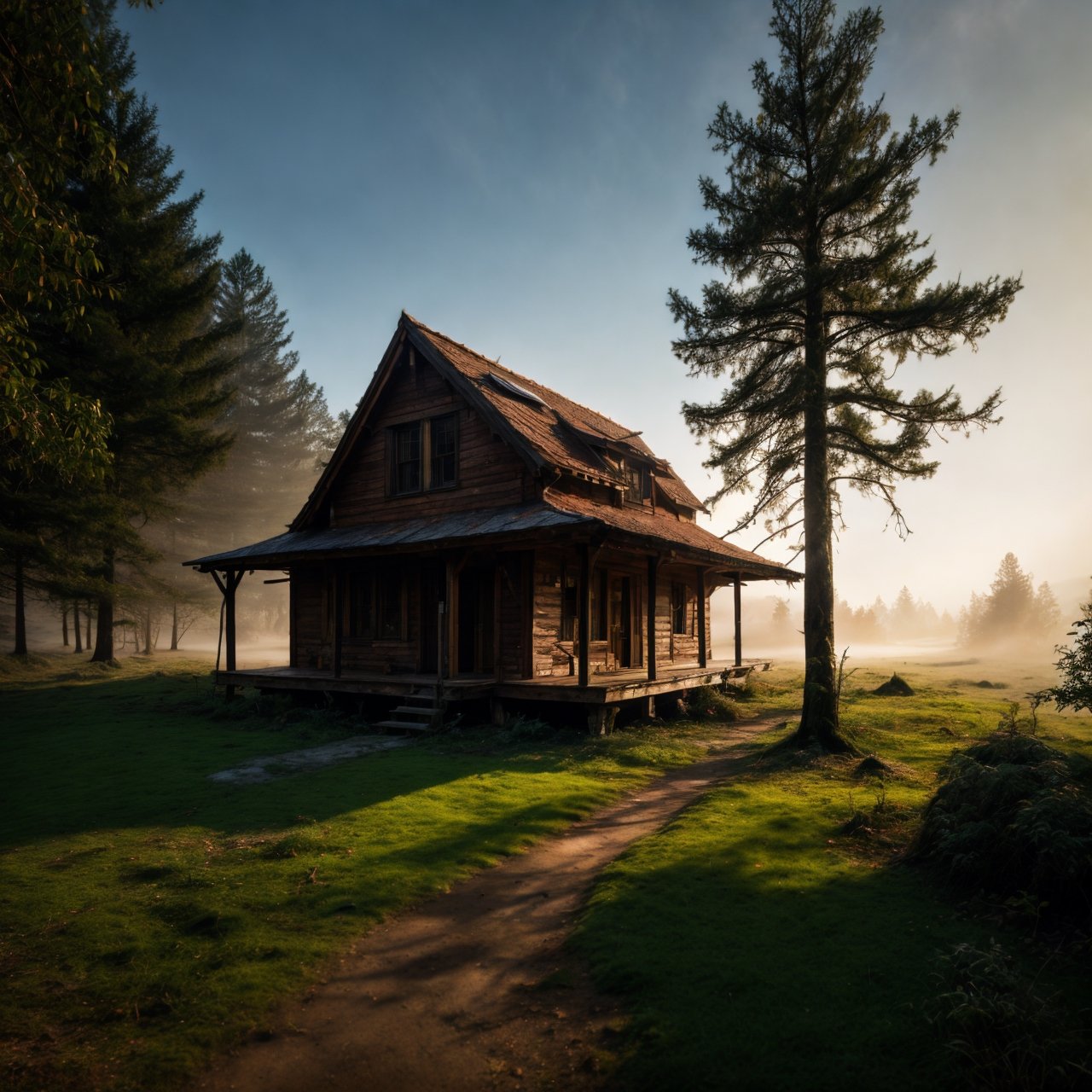 there is  a secluded old wood house in the misty forestnear the river rock cliff, exploring the interaction between light and shadow,low contrast film,photo,photography, soft light, best quality, high detail, 16k, high quality,detailed decoration, crazy detail, ultra HD picture quality