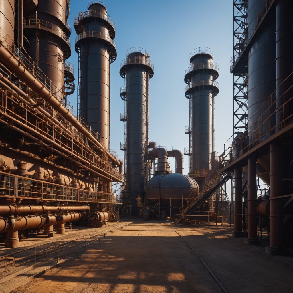 desulfurization plant,a lot of equipment,rich details,real perspective structure,exploring the interaction between light and shadow,low contrast film,photo,photography, soft light, best quality, high detail, 16k, high quality,detailed decoration, crazy detail, ultra HD picture quality