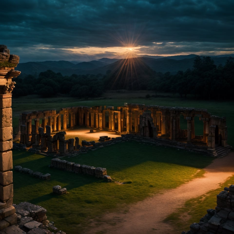 Raw photo, depth of field, UHD, retina, masterpiece, high details, high quality, award winning, best quality, highres, cinematic light, ancient ruins in a land of eternal twilight