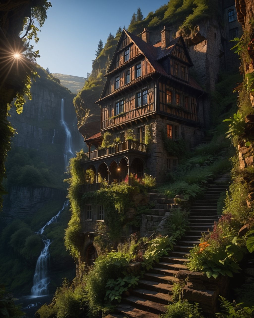 An uninhabited haunted old house, on the edge of a rocky ravine, set against a waterfall, overgrown with wild plants, surrounded by large trees rooted creeper, creating a mystical atmosphere full of mystery,best quality, masterpiece, 16K, (HDR:1.4), high contrast, lens flare, (vibrant color:1.4), (muted colors, dim colors, soothing tones:0), cinematic lighting, ambient lighting, Exquisite details and textures, cinematic shot,Landskaper,more detail XL