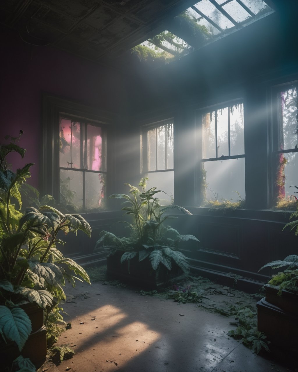 Lost place, walking around zombies, fog, psychotorium, lushy plants arounding the building,best quality, masterpiece, 16K, (HDR:1.4), high contrast, lens flare, (vibrant color:1.4), (muted colors, dim colors, soothing tones:0), cinematic lighting, ambient lighting, Exquisite details and textures, cinematic shot,Landskaper