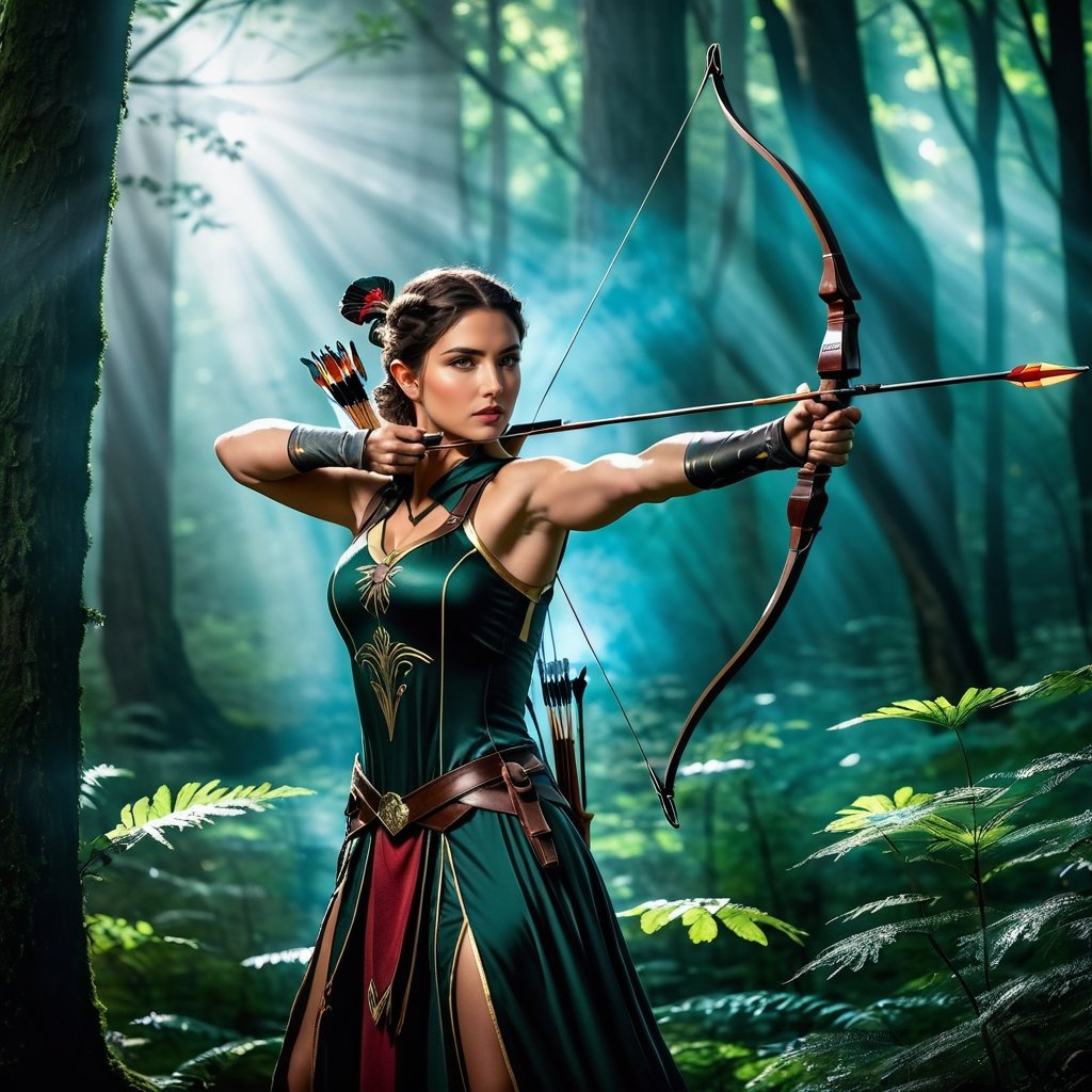 the Archer Queen in a dark forest, illuminated by dramatic lighting. Picture the Archer Queen poised with her bow, pointing towards an unseen target in the distance. Envision the forest shrouded in shadows, with the only light emanating from the Archer Queen and her bow, creating a dramatic and mysterious ambiance. Use dynamic angles and composition to emphasize the intensity of the scene. Incorporate elements like ancient trees, mist, or moonlight filtering through the foliage to enhance the overall drama. Convey a sense of purpose and determination in the Archer Queen's expression, making this a visually captivating and powerful composition