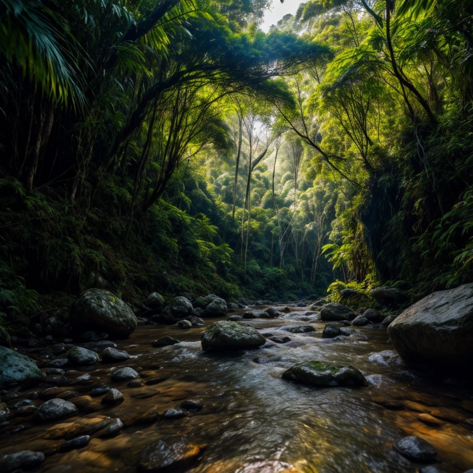 Raw photo, depth of field, UHD, retina, masterpiece, high details, high quality, award winning, best quality, highres, cinematic light, pemandangan alam hijau yang menakjubkan,gunung,lembah,padang rumput,sungai mengalir indah.