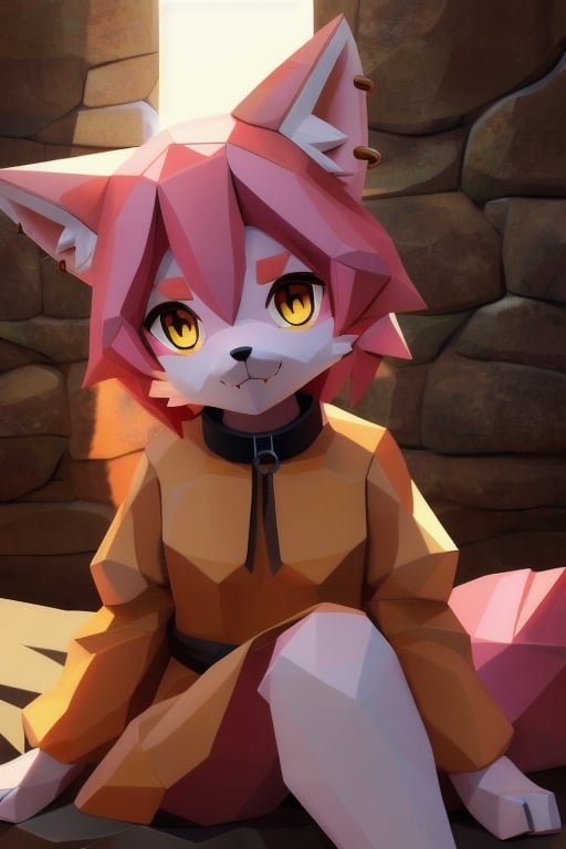 solo, young, kemono fox, yellow body and countershading, anthropomorph, pink hair, pink tail, visible fox paws, small breats, yellow eyes, wear medieval dress cloth, visible fangs, have slave collar, have piercings, looking at the viewer, background, shadow, forge light, reflected light on the body, backlighting,masterpiece, shaded, high detail, low poly res, low poly style