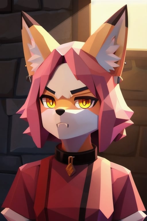 solo, young, kemono fox, yellow body and countershading, anthropomorph, pink hair, pink tail, small breats, yellow eyes, wear medieval dress, have slave collar, is angry, angry expression, visible fangs, have piercings, background, shadow, sunlight, reflected light on the body, looking at the viewer, backlighting,masterpiece, shaded, high detail, low poly res, low poly style