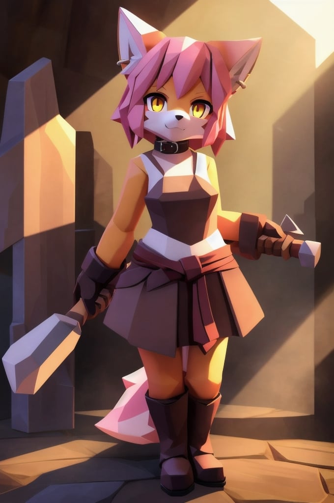 solo, young, kemono fox, yellow body and countershading, anthropomorph, pink hair, pink tail, yellow eyes,small breasts, fully dressed with blacksmith cloth, visible fangs, have slave collar, have boots, have piercings, one hammer in hand, looking at viewer, background, shadow, forge light, reflected light on the body, backlighting,masterpiece, shaded, high detail, low poly res, low poly style