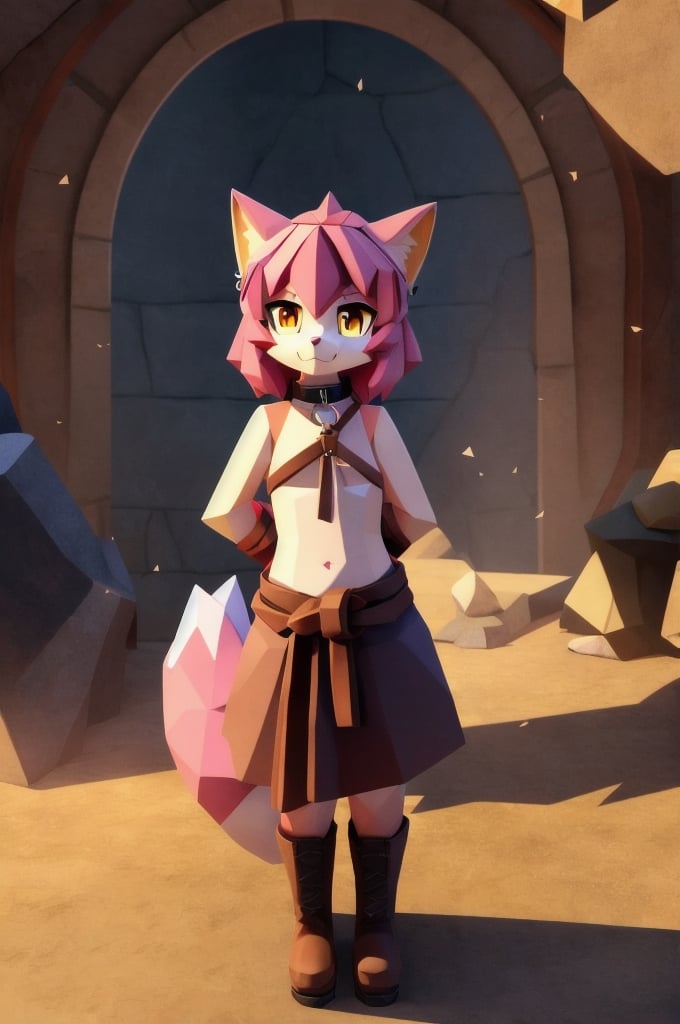 solo, young, kemono fox, yellow body and countershading, anthropomorph, pink hair, pink tail, yellow eyes,small breasts, dressed with blacksmith cloth, visible fangs, have slave collar and handcuffs, have boots, have piercings, looking at viewer, background, shadow, forge light, reflected light on the body, backlighting,masterpiece, shaded, high detail, low poly res, low poly style