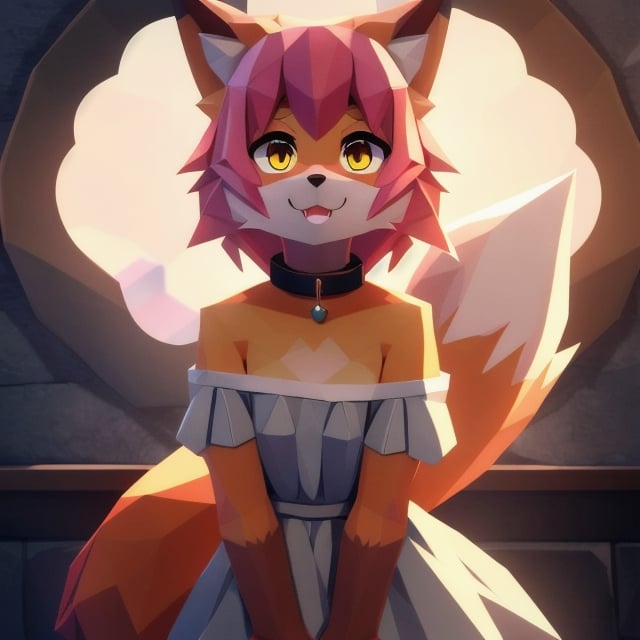 solo, young, kemono fox, yellow body and countershading, anthropomorph, pink hair, pink tail, small breats, yellow eyes, visible fox paws, full body, wear medieval dress, have slave collar, is in love, loving expression, loving pose, visible fangs, have piercings, background, shadow, sunlight, reflected light on the body, looking at the viewer, backlighting,masterpiece, shaded, high detail, low poly res, low poly style