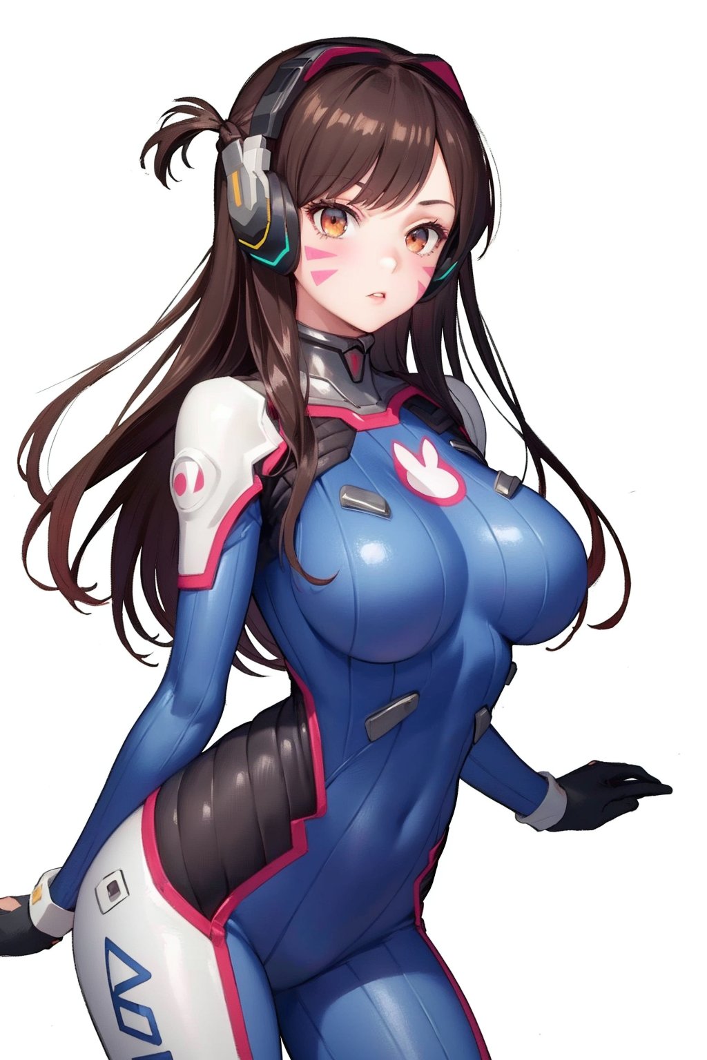 masterpiece, best quality, highres,large breasts,1girl,aachizuru, long hair, one side up, headphone,whisker markings, shoulder pads,blue bodysuit, ribbed bodysuit,animal print, clothes writing,long sleeves, white gloves