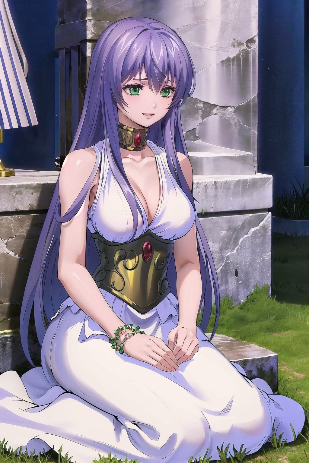 masterpiece, best quality, highres,purple hair, long hair,sitting,field,happy,sasha,green eyes,white dress, choker, long dress ,sleeveless, bare shoulder, cleavage, collarbone, golden accesories, corset