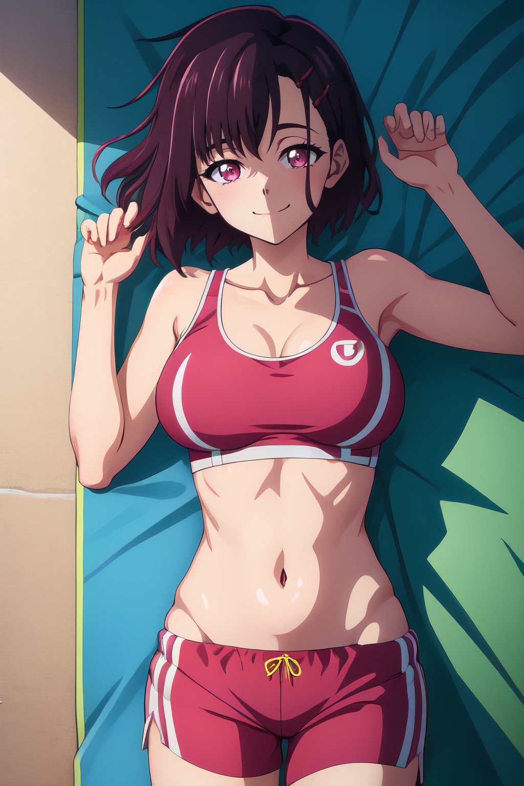 masterpiece, best quality,shizukazom100,dark purple hair,short hair,bangs,pink eyes,collarbone, sports bra, navel, midriff, pink shorts, smile,hairclip,big_breasts,bedroom,lying_down,closed_mouth