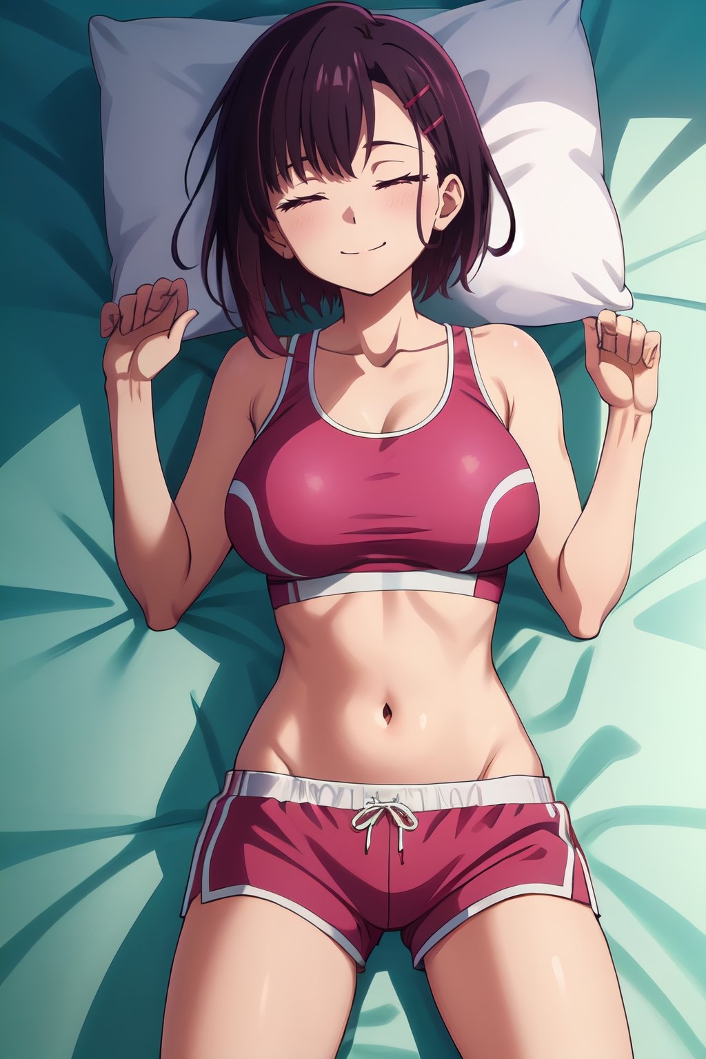 masterpiece, best quality,shizukazom100,dark purple hair,short hair,bangs,closed eyes,collarbone, sports bra, navel, midriff, pink shorts, smile,hairclip,big_breasts,forests,lying_down,closed_mouth,looking_at_viewer,full_body,sleeping,pink eyes