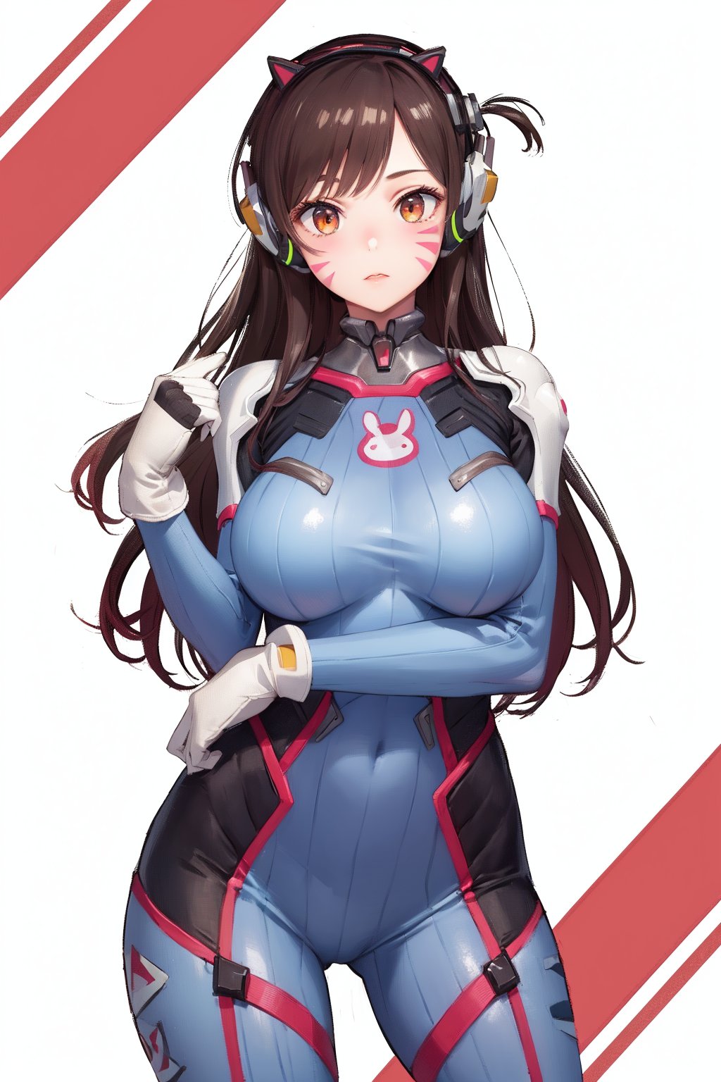 masterpiece, best quality, highres,large breasts,1girl,aachizuru, long hair, one side up, headphone,whisker markings, shoulder pads,blue bodysuit, ribbed bodysuit,animal print, clothes writing,long sleeves, white gloves