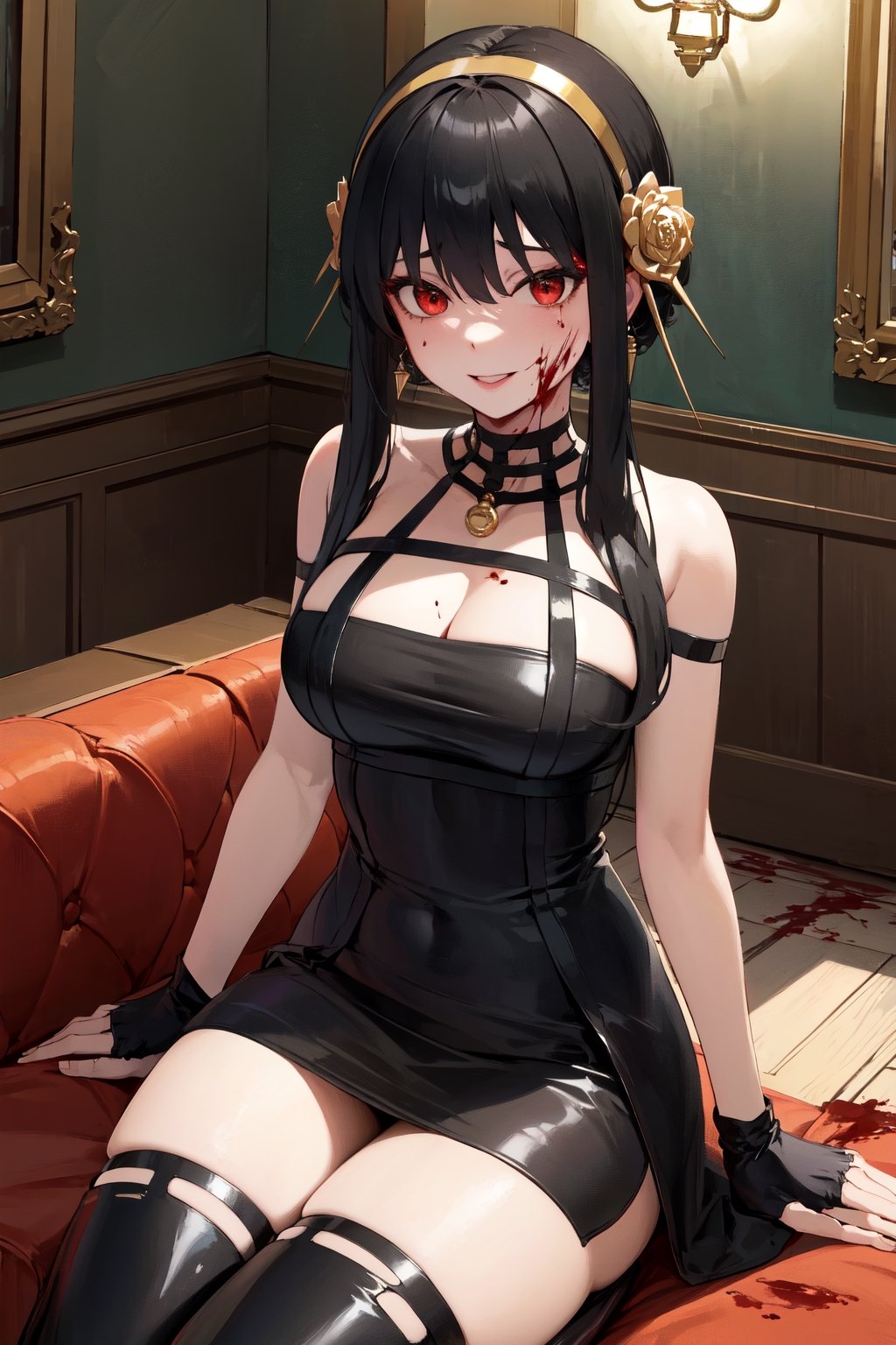 masterpiece, best quality, highres, aayorf, sidelocks, gold hairband, hair ornament, red eyes, gold earring, large breasts, choker, bare shoulders, black dress, two-sided dress, fingerless gloves, thigh boots,indoors, sitting, smile,black sofa,sofa,blood,blood-stained_clothes,blood_on_face,gore,bloody,full body