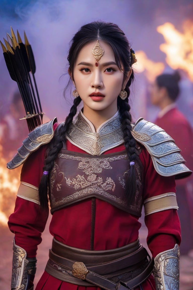  a  thai woman 30 yearsold warrior leather armor, completed with Archer ,   smart women. The background is a colorful smattering of red, purple, and blue smoke. , realistic, (Highly detailed background), (depth of field), (detailed light:1.2), Deep focus, Short exposure, closed up, focus eye, ภาพถ่ายจริง details,uhd,สมจริง,เพิ่มแสง,, closed up best quality), (masterpiece), (very high resolution), details face, details sharp,detailed,detail face,closed_mouth,,detailed backgrund,xxmixgirl,korean girl,Masterpiece,photo r3al
