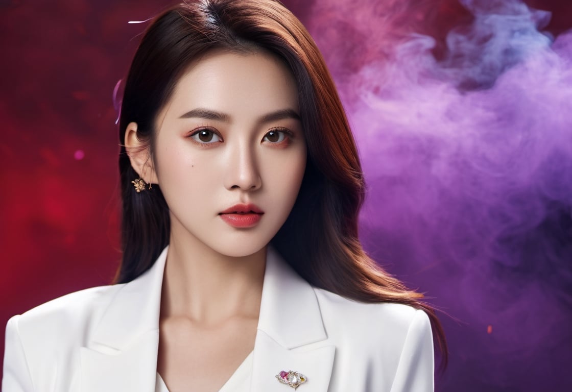 The image features a thai Korean woman with brown hair and a white blazer, long hair ,She is wearing a white shirt ,smart women. The background is a colorful smattering of red, purple, and blue smoke.

, realistic, (Highly detailed background), (depth of field), (detailed light:1.2), Deep focus, Short exposure, closed up, focus eye,

ภาพถ่ายจริง details,uhd,สมจริง,เพิ่มแสง,, closed up
best quality), (masterpiece), (high resolution), 
details face, details sharp,detailed,detail face,closed_mouth,,detailed backgrund,