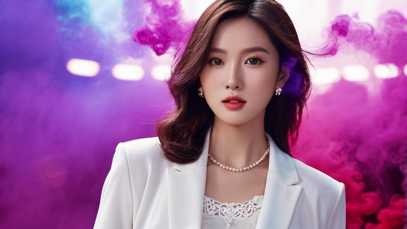 The image features a thai Korean woman with brown hair and a white blazer. She is wearing a white shirt ,smart women. The background is a colorful smattering of red, purple, and blue smoke.

, realistic, (Highly detailed background), (depth of field), (detailed light:1.2), Deep focus, Short exposure, closed up, focus eye,

ภาพถ่ายจริง details,uhd,สมจริง,เพิ่มแสง,, closed up
best quality), (masterpiece), (high resolution), 
details face, details sharp,detailed,detail face,closed_mouth,,detailed backgrund,