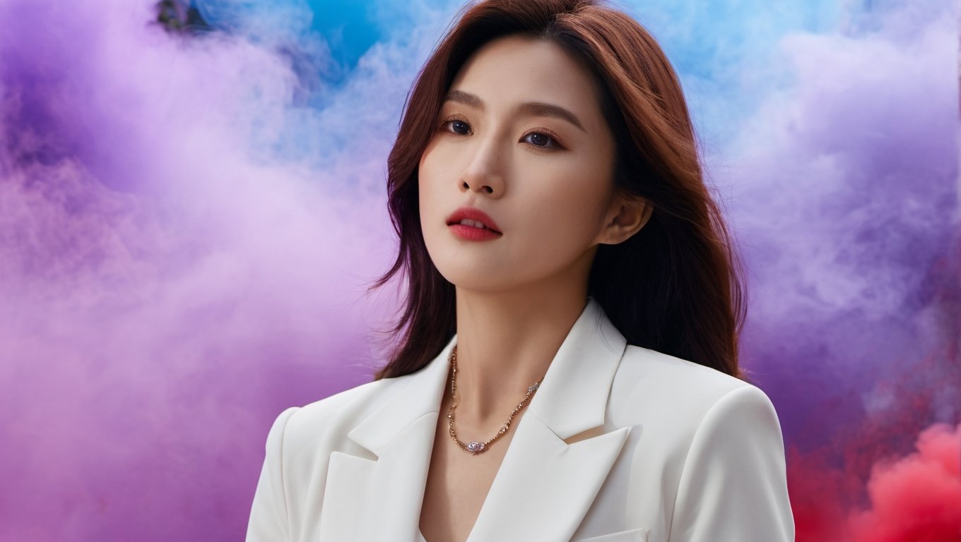 The image features a thai Korean woman with brown hair and a white blazer. She is wearing a white shirt ,smart women. The background is a colorful smattering of red, purple, and blue smoke.

, realistic, (Highly detailed background), (depth of field), (detailed light:1.2), Deep focus, Short exposure, closed up, focus eye,

ภาพถ่ายจริง details,uhd,สมจริง,เพิ่มแสง,, closed up
best quality), (masterpiece), (high resolution), 
details face, details sharp,detailed,detail face,closed_mouth,,detailed backgrund,