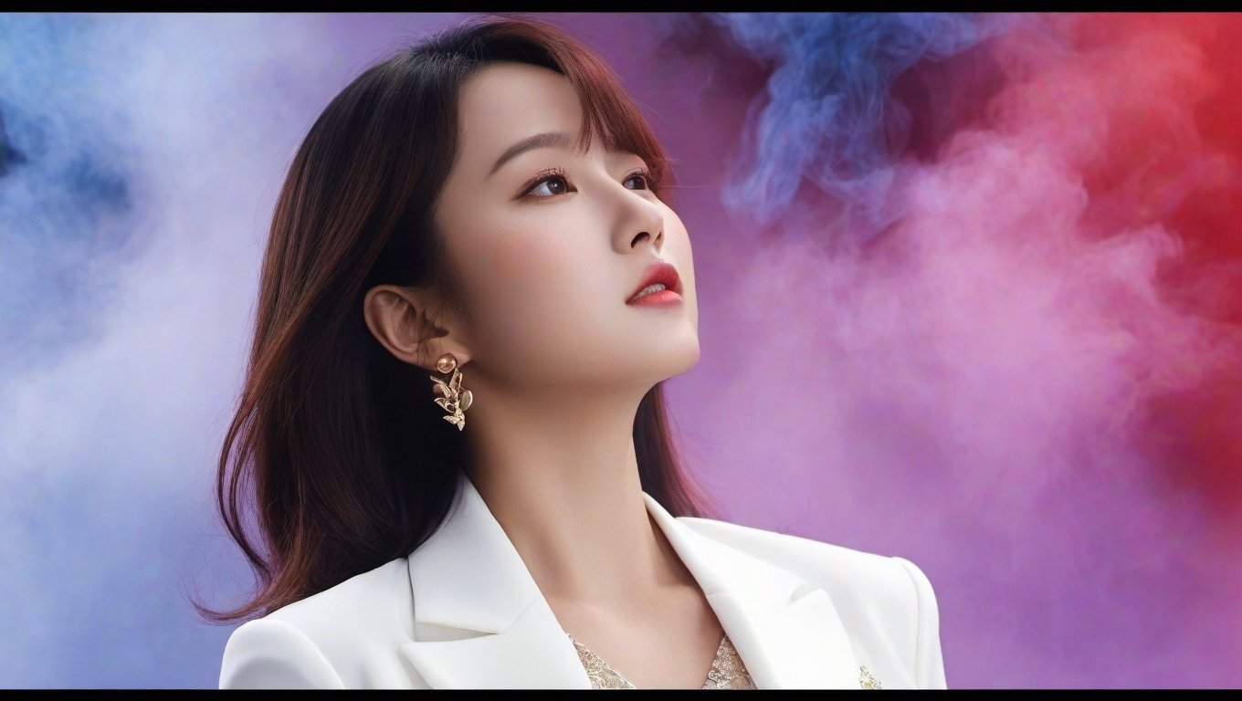 The image features a thai Korean woman with brown hair and a white blazer. She is wearing a black suite ,smart women. The background is a colorful smattering of red, purple, and blue smoke.

, realistic, (Highly detailed background), (depth of field), (detailed light:1.2), Deep focus, Short exposure, closed up, focus eye,

ภาพถ่ายจริง details,uhd,สมจริง,เพิ่มแสง,, closed up
best quality), (masterpiece), (very high resolution), 
details face, details sharp,detailed,detail face,closed_mouth,,detailed backgrund,xxmixgirl,korean girl,Masterpiece,photo r3al