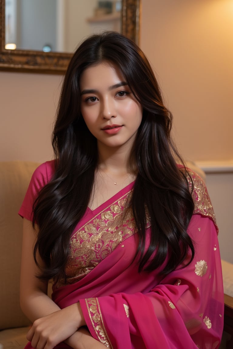 beautiful cute young attractive indian teenage girl, village girl, 20 years old, cute, Instagram model, long black_hair, colorful hair, warm, dacing, in home sit at sofa. indian ,Beautiful Instagram Model, NylaUsha,Indian,GirlUndercut Haircut: Source,Saree