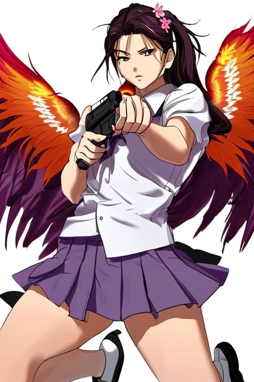 ((phoenix)),1girl,school uniform,mini skirt,Angel wings,holding gun,female action poses,show the flower pantie,sBREAK,light purple eyes