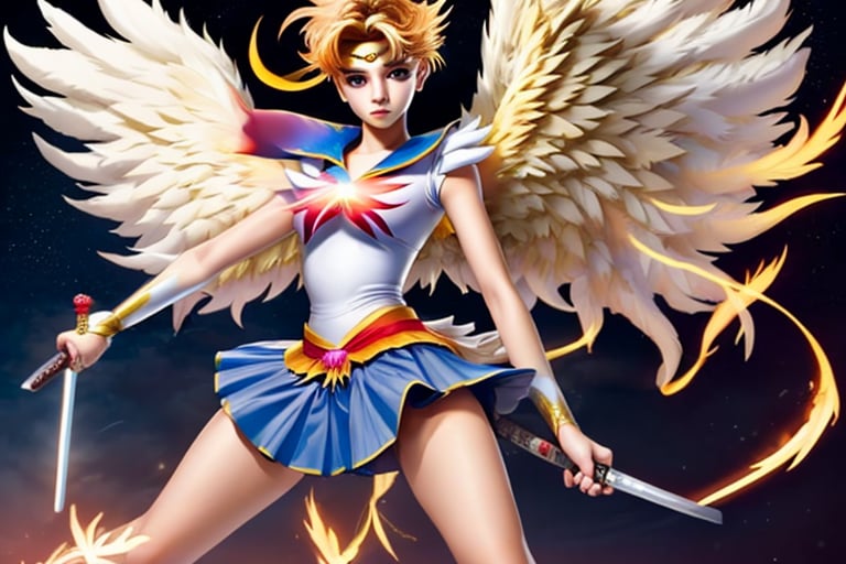 ((phoenix)),1girl,(mini skirt),holding sword,Angel wings,aausagi