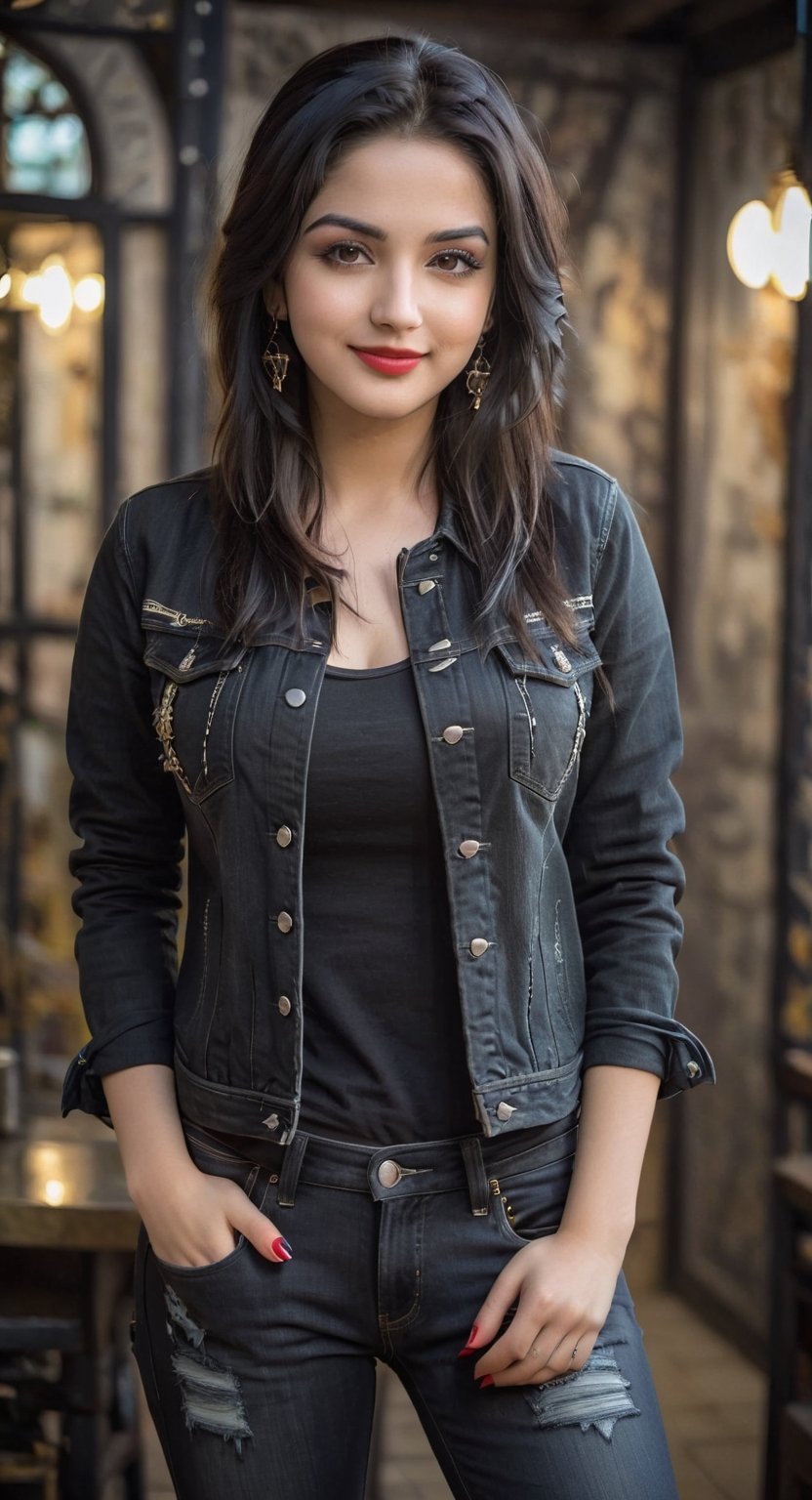 A 18  years young girl wearing denim black jacket and pant, cute face with details, beautiful black eyes, black long hair, smile 0.1, lipstick, earrings, model photoshot, high quality realistic photo,HZ Steampunk, different pose,YamiGautam