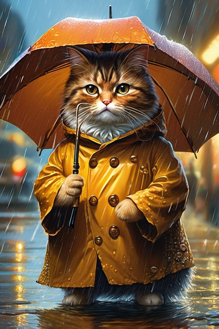 Hyper-detailed  painting, Jean-Baptiste Monge style, a gang of cute fat cat gathered in the rain  under an single black long raincoat, splash, glittering, cute and adorable, filigree, lights, fluffy, magic, surreal, fantasy, digital art, ultra hd, hyper-realistic illustration, vivid colors,  UHD, cinematic perfect light,greg rutkowski