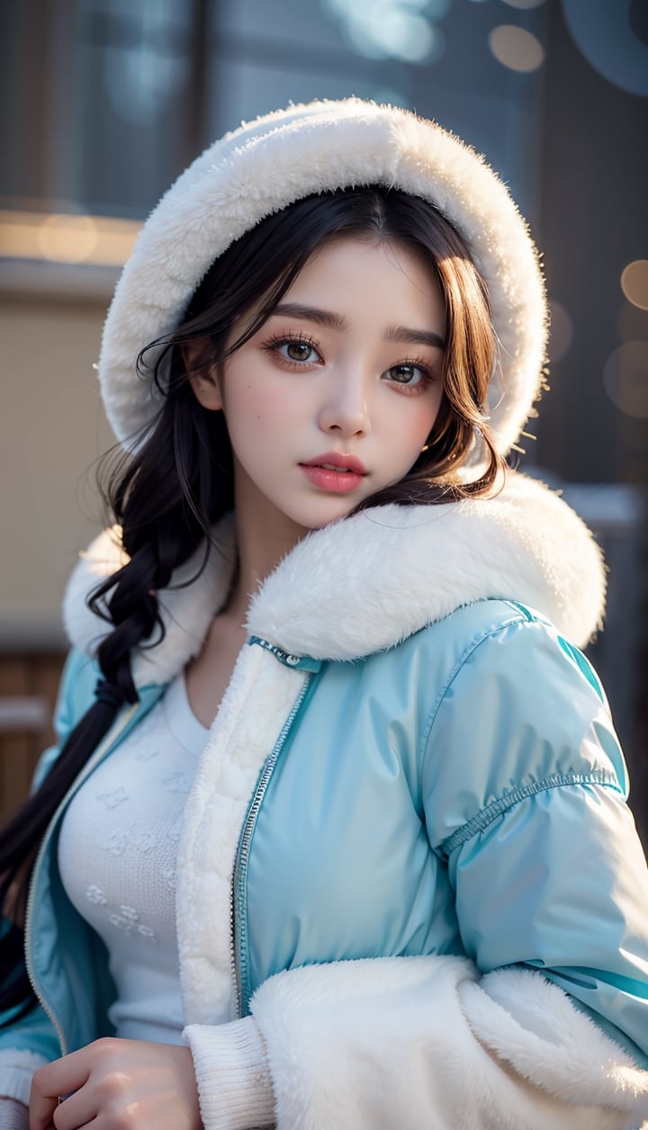 (masterpiece, top quality, best quality, official art, beautiful and aesthetic:1.2), hdr, high contrast, wideshot, 1girl, very long black hair, looking at viewer, clearly brown eyes, longfade eyebrow, soft make up, ombre lips, large breast (cheerfull act), frosty, parka jacket, (kpop clothing theme:1.5),  finger detailed, background detailed, ambient lighting, extreme detailed, cinematic shot, realistic ilustration, (soothing tones:1.3), (hyperdetailed:1.2)