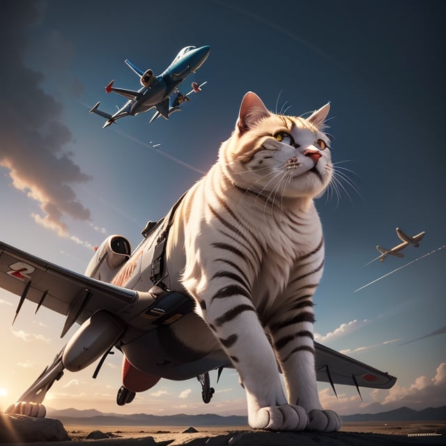 a fat cat, photorealistic, cinematic and dramatic lighting.  @gamma,  da Vinci style, pilot is looking at the jets in flight