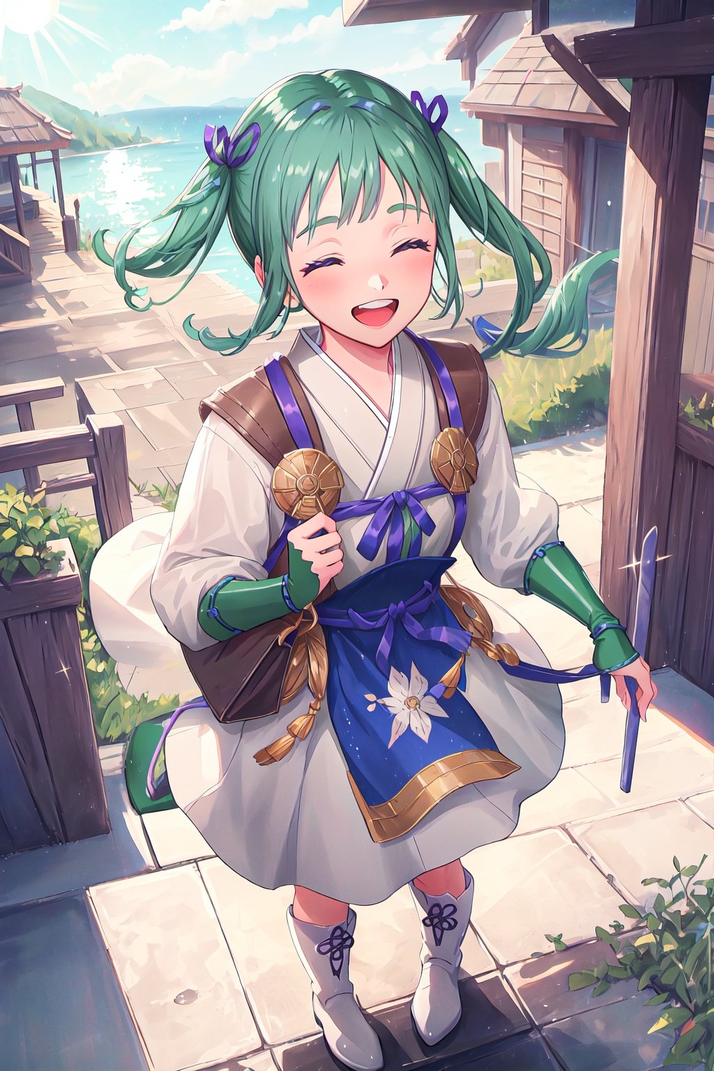 best quality, masterpiece,viewed from above,expressive eyes, perfect face,complex, dramatic lighting, rim lighting,midori, japanese clothes, bridal gauntlets, black footwear, white skirt, long sleeves, purple ribbon, white kimono, blue footwear, hair ribbon, knee boots, gloves,smile showing teeth,eyes closed,blush,hands clenched in lower position,outdoors, sun glimmer, shadows cast,