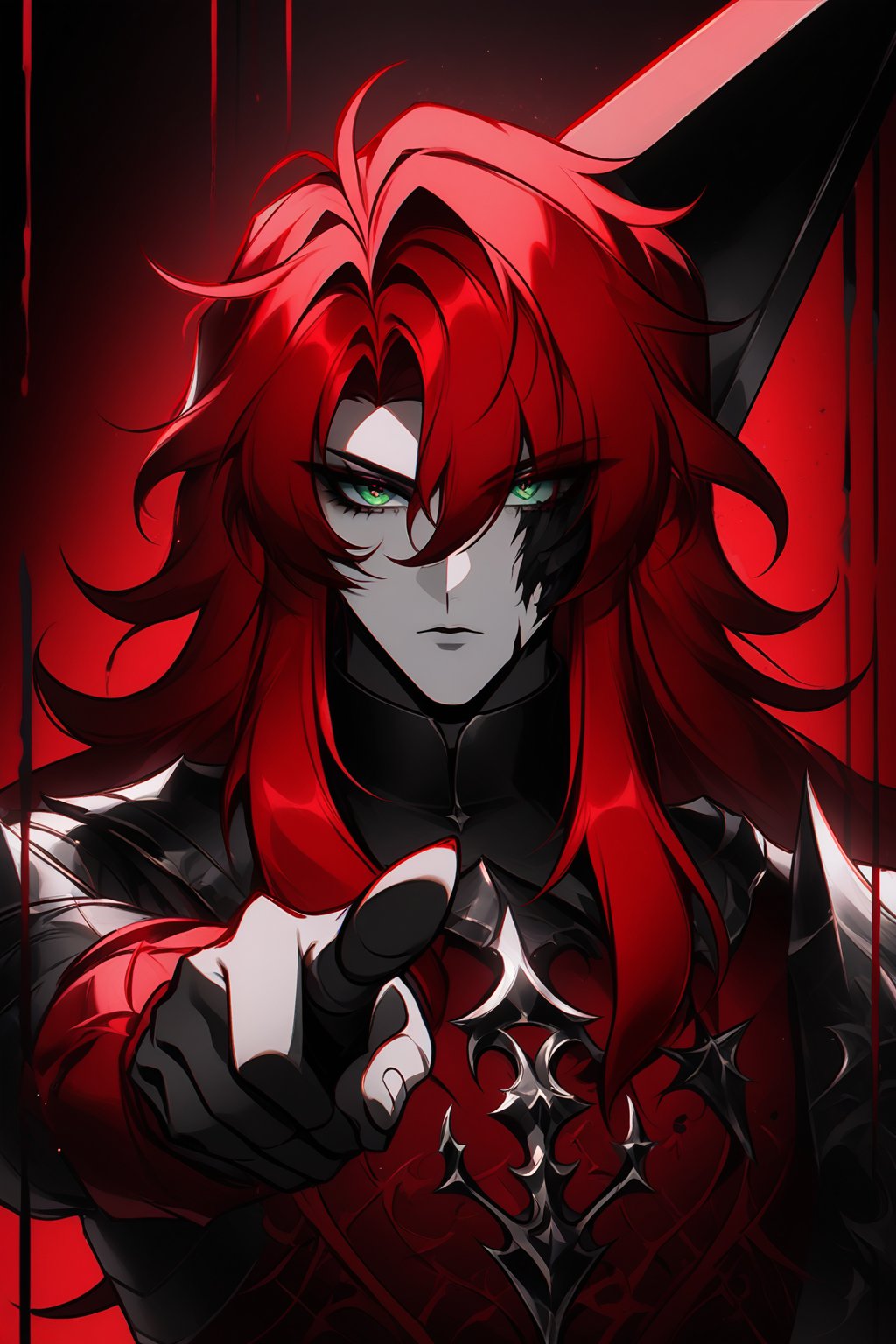 CharcoalDarkStyle,argenti,red hair,long hair,hair between eyes,green eyes,cool,edgy,black and red colors, one side of face face darkened, (((pointing spearhead))) at viewer, 