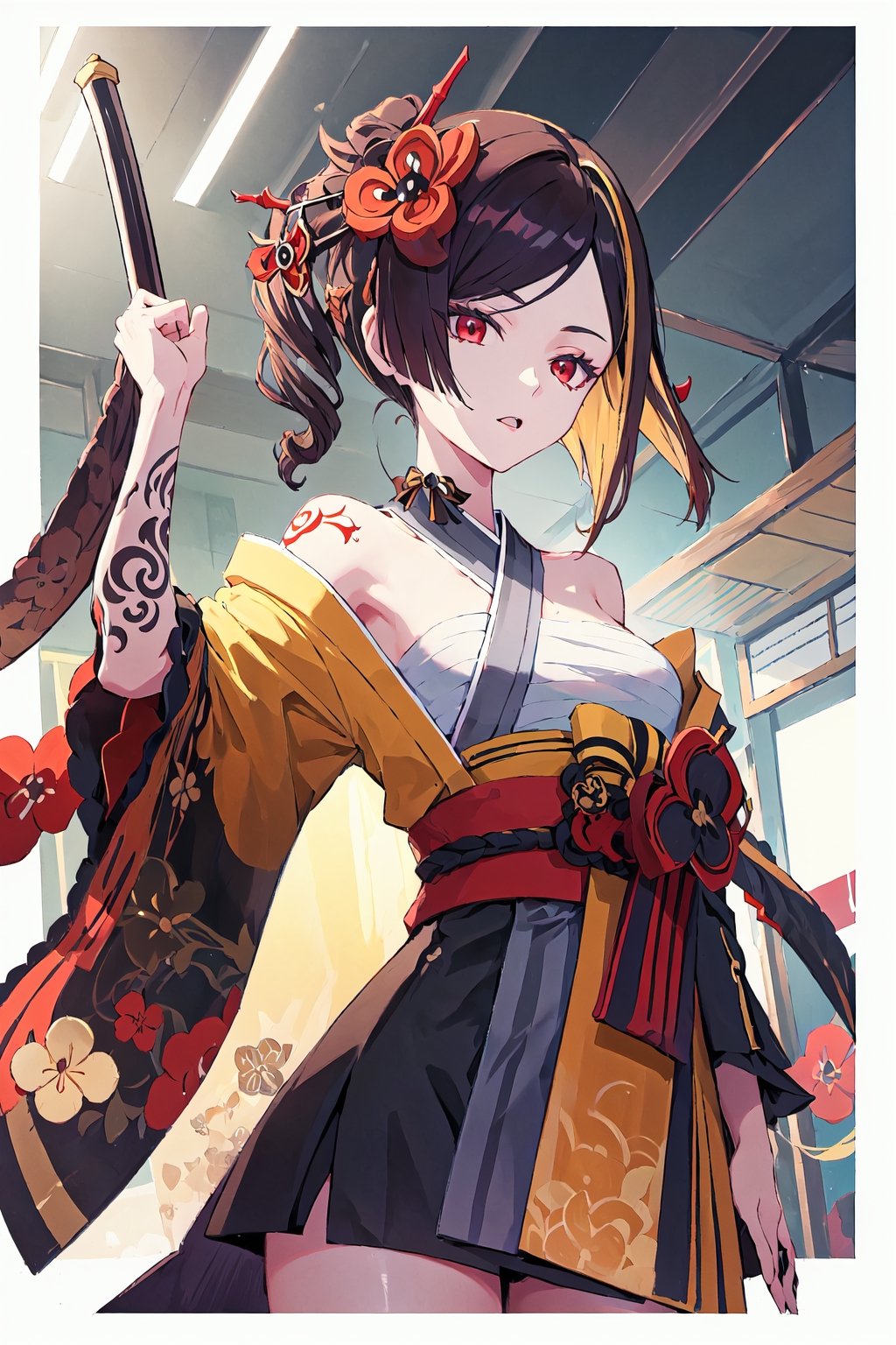 chiori \(genshin impact\),red eyes,small breasts,((kimono rolled off one shoulder)),(((sarashi))),yakuza tattoos,tattoos on arms and shoulders,holding sword, face,chiori,sarashi,yakuza tattoos,hand on hip,